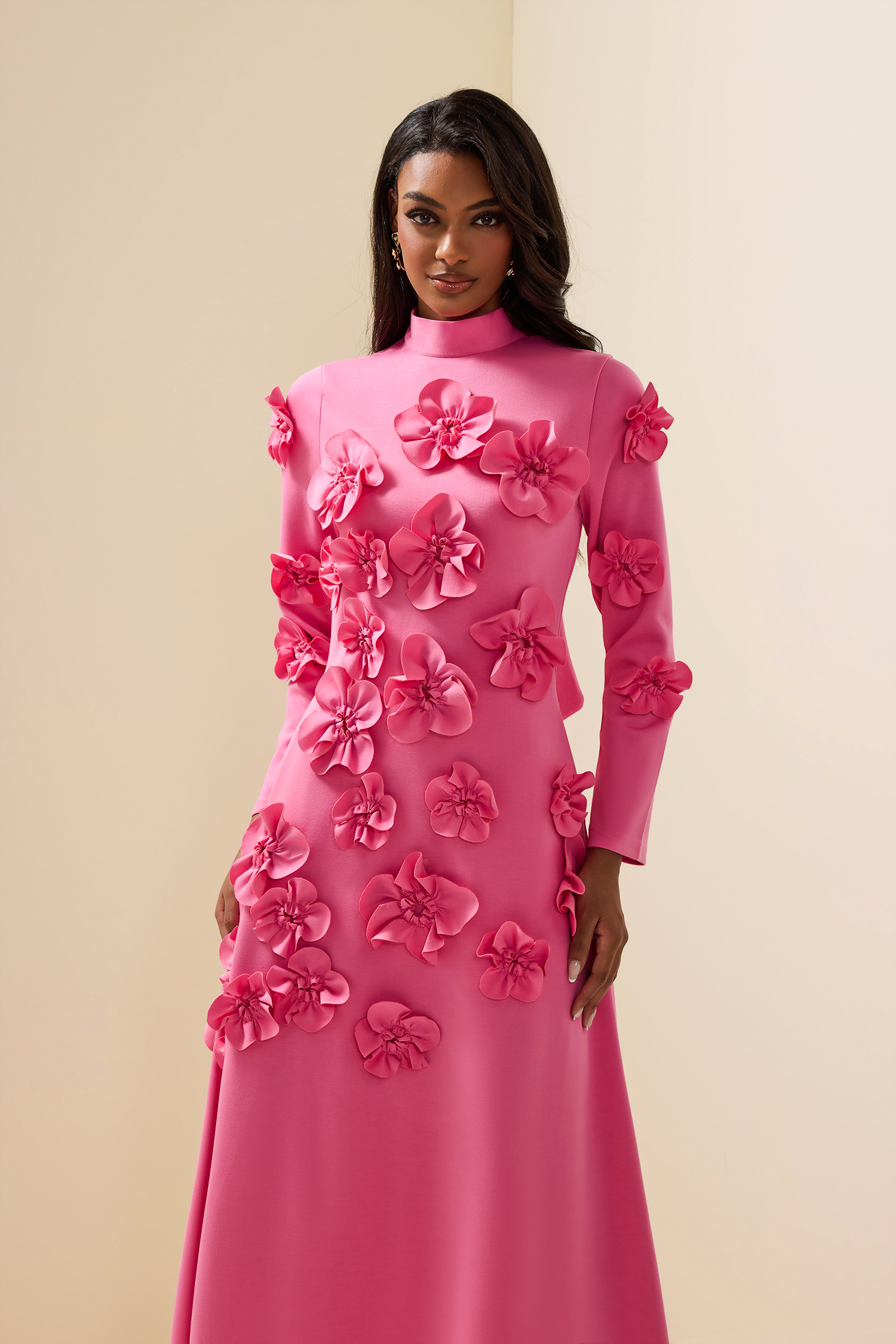3D Flower Stand Collar Long Sleeve Midi Dress