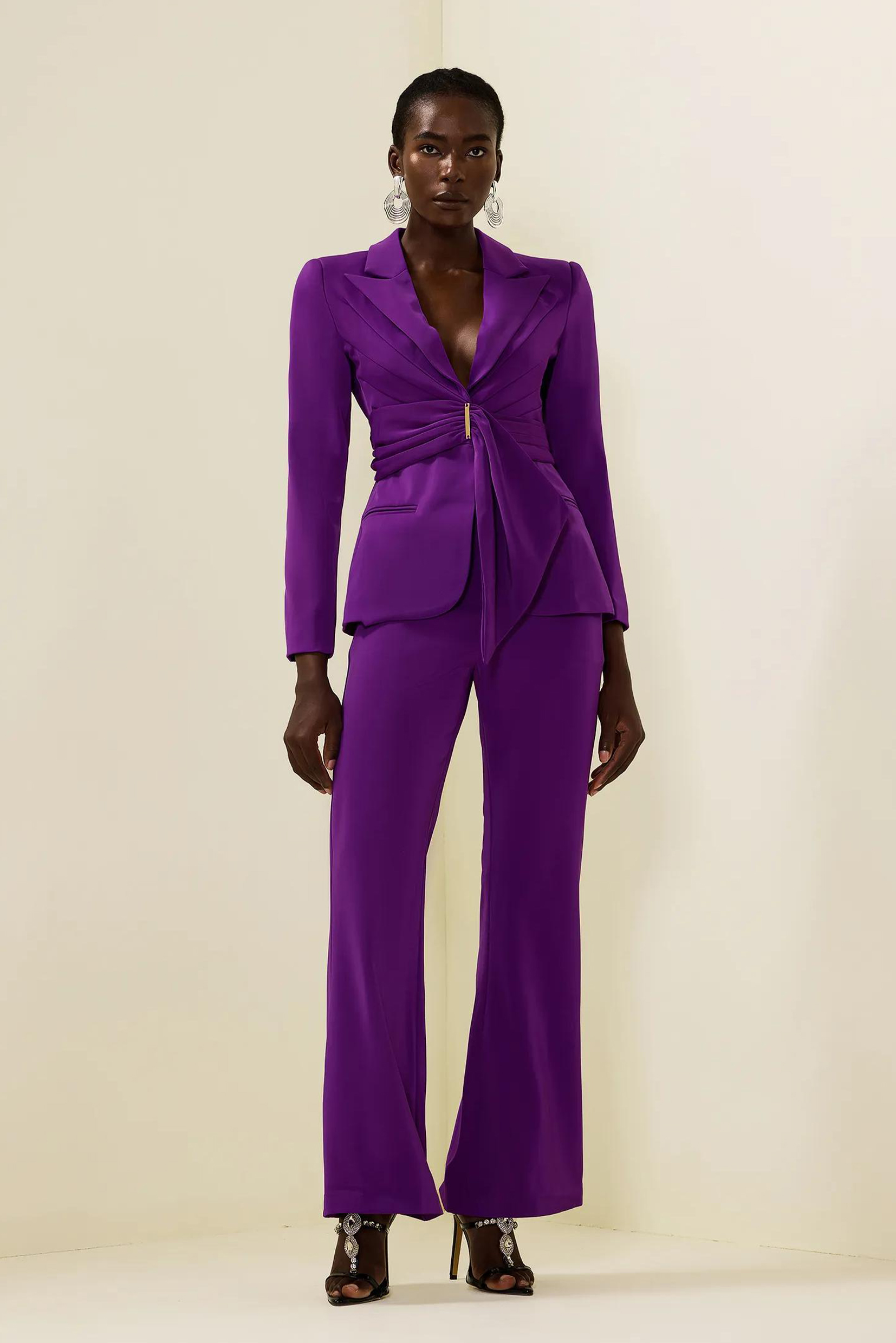 Solid Ruched Bottom Blazer ＆Mid Waist Solid Pants Set