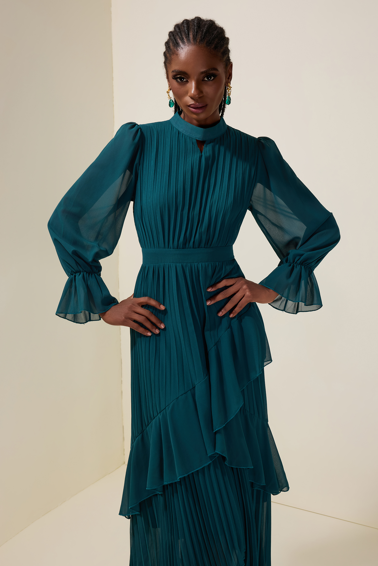 Chiffon Ruffle Pleated Midi Dress