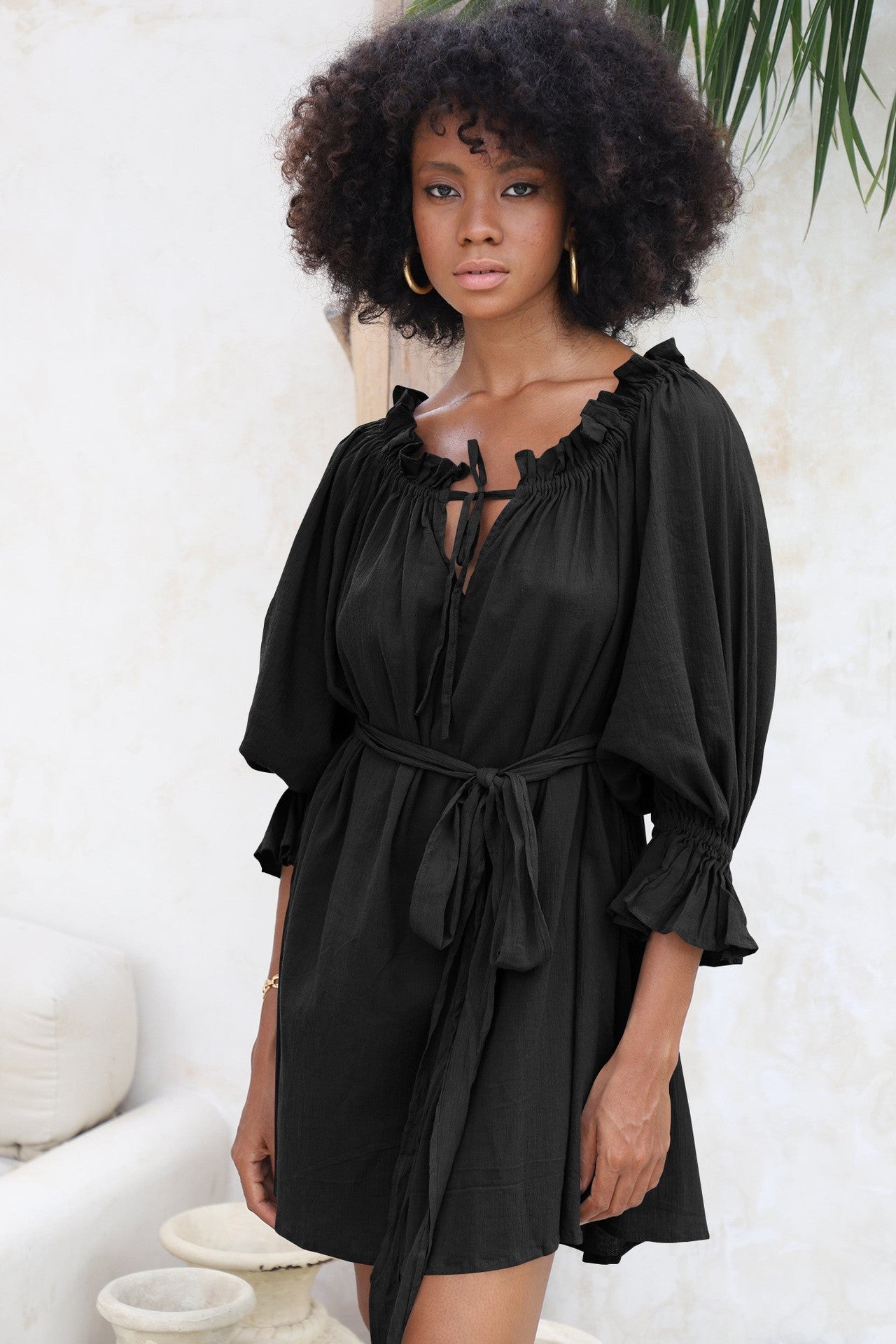Off-Shoulder Lace Up Puff Sleeve Ruched Mini Dress