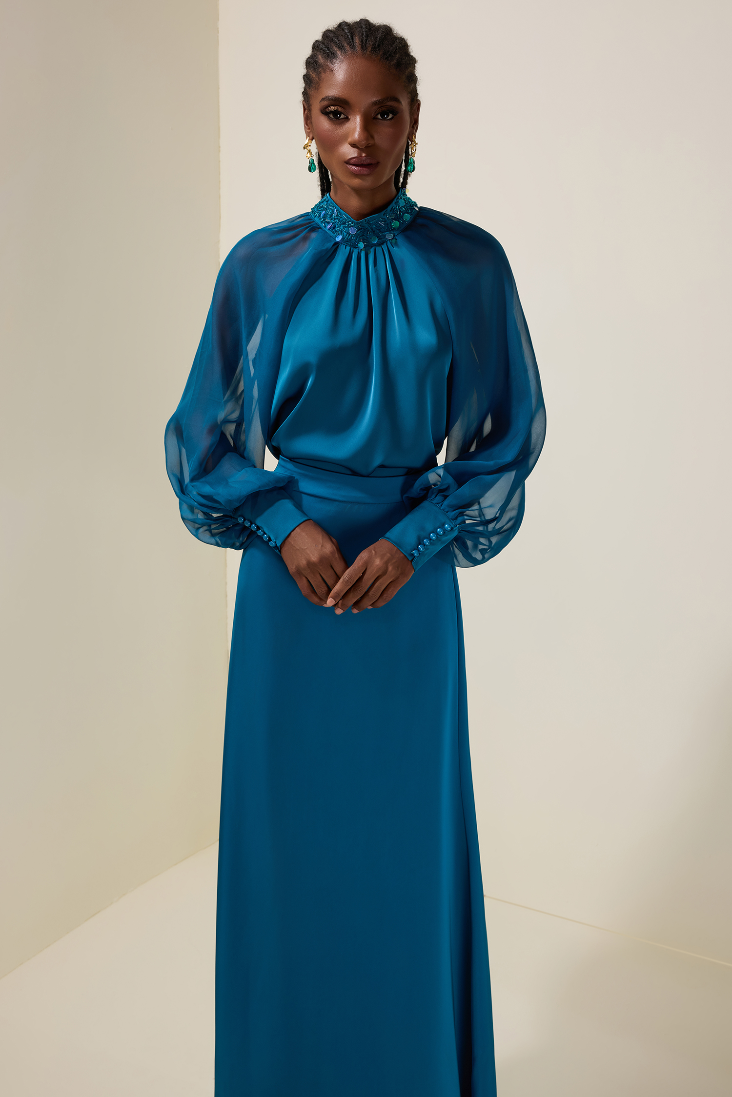 Satin Splicing Mesh Rivet Top & High Waist Maxi Skirt Set