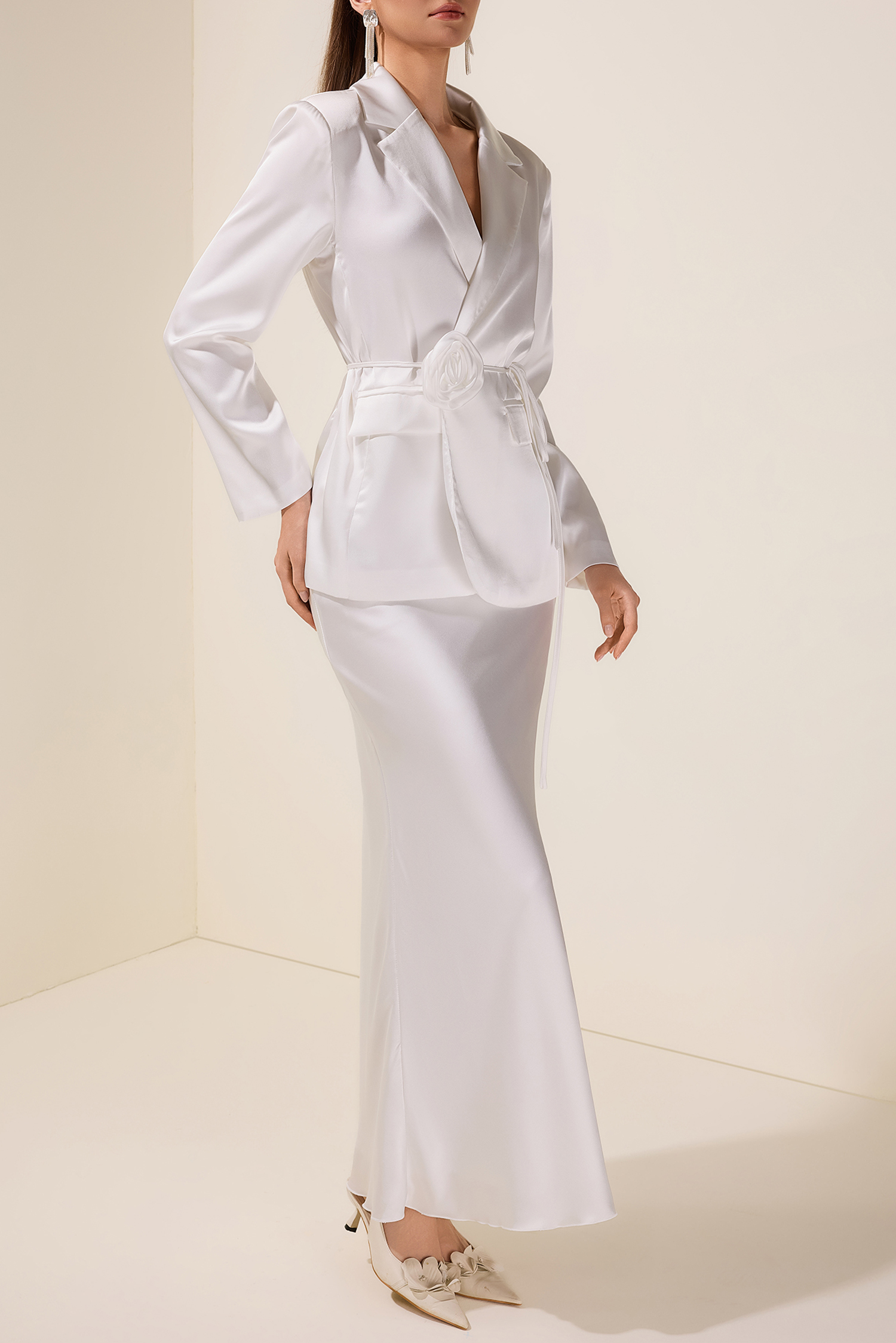 3D Flower Satin Blazer & High Waist Maxi Skirt set