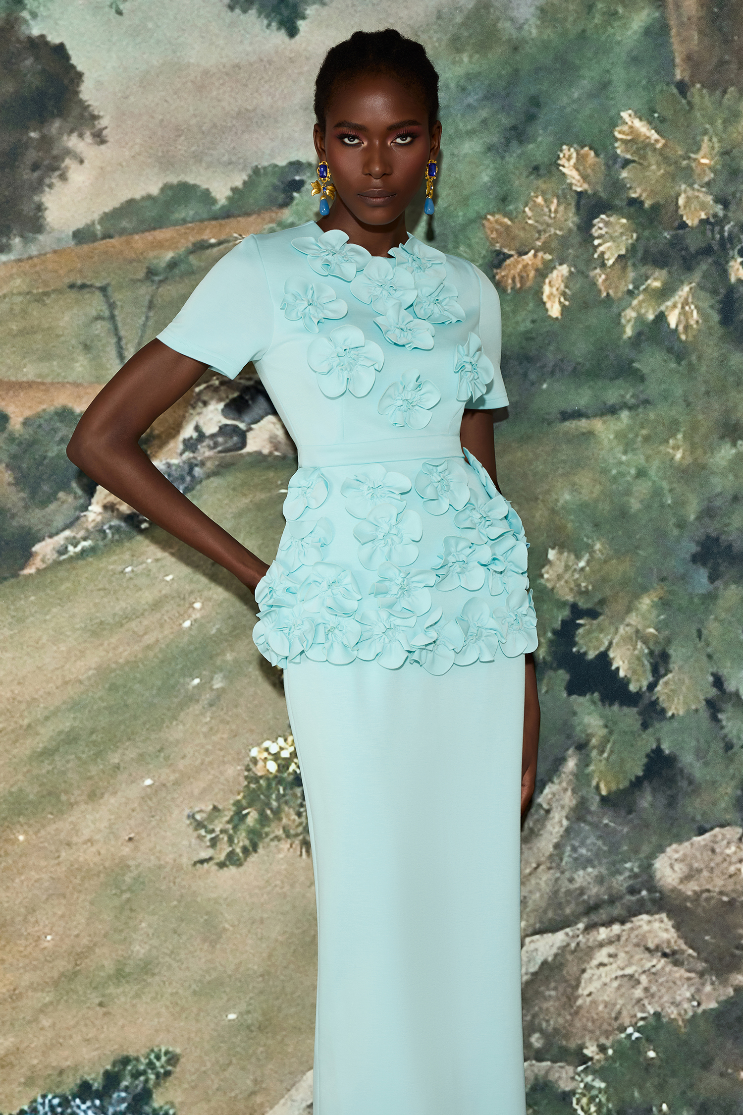 3D Flower Round Neck Short Sleeve Top & Mid Waist Midi Skirt Set